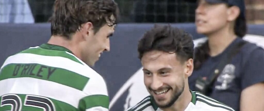 Matt O'Riley and Nicolas Kuhn of Celtic