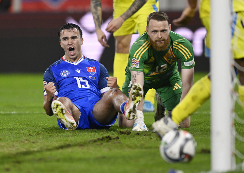 Slovakia's David Strelec celebrates scoring their second goal
