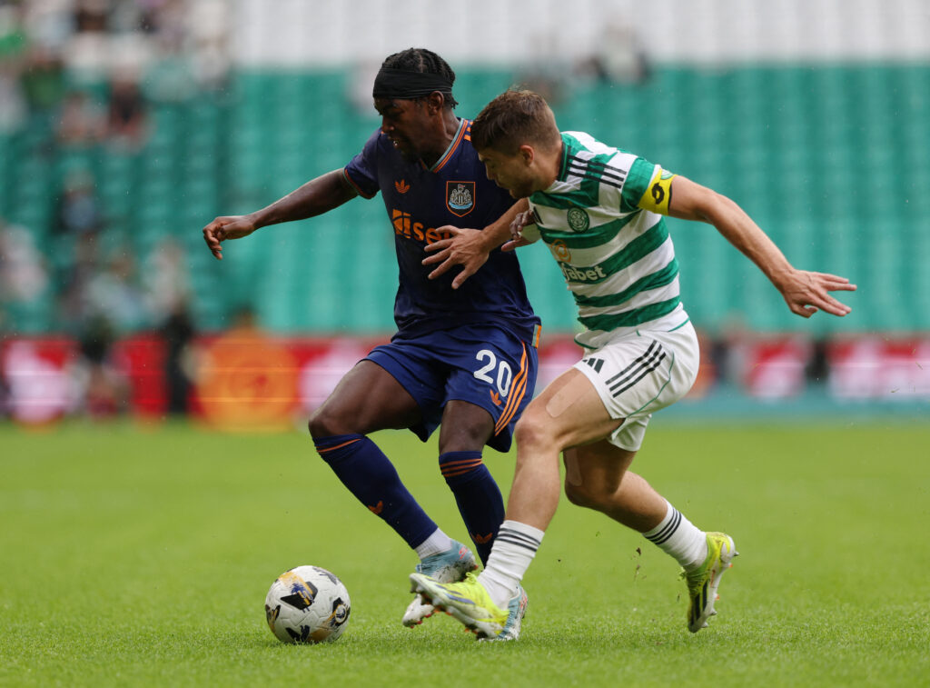 Newcastle United's Anthony Elanga in action with Celtic's James Forrest