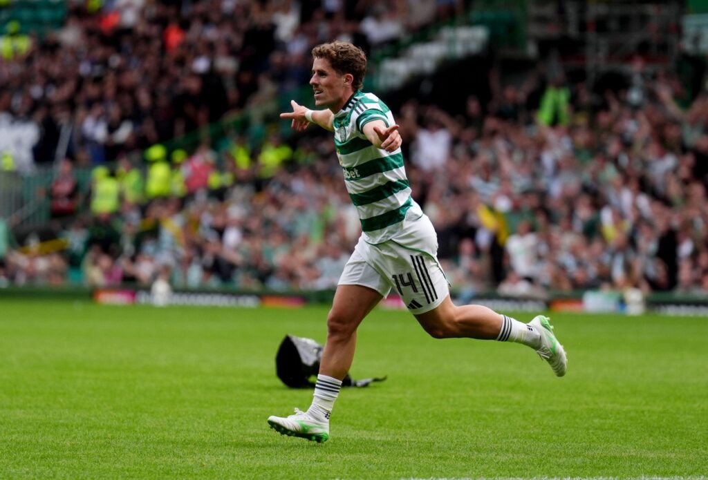 Luke McCowan celebrating goal at Celtic Park